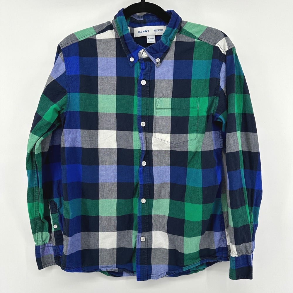 Old Navy Boys XL 14-16 Green Blue Plaid Built-In Flex Button Down Shirt 287947